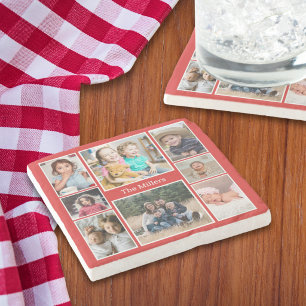 Porta-copo De Pedra Colagem de 8 fotos personalizada Nome da Família V