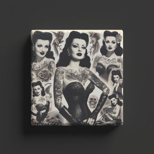 Porta-copo De Pedra Colagem de Mulher Gótica Tatuada Vintage