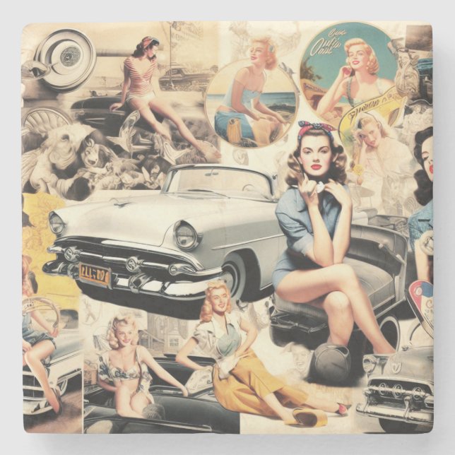 Porta-copo De Pedra Colagem de Raparigas Retro 1950S (Frente)