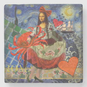 Porta-copo De Pedra Colagem Noite Estrelada da Mona Lisa: Surrealismo
