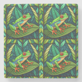 Porta-copo De Pedra Colorful artwork of green frogs with red eyes 