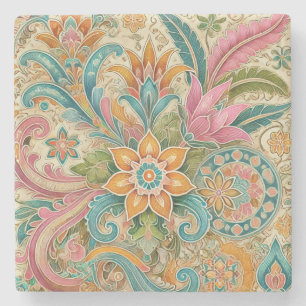 Porta-copo De Pedra Colorida Boho Indonésio Batik Floral Watercolor