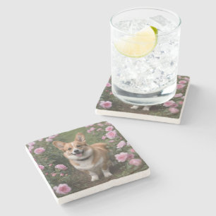 Porta-copo De Pedra "Companheiro charmoso: um Corgi em um jardim rosa