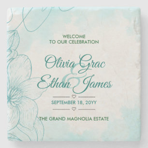 Porta-copo De Pedra Convite de Casamento Floral em Aquarela Azul Elega