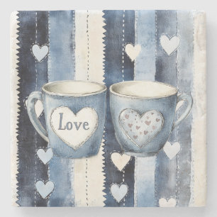 Porta-copo De Pedra Copo Love Hearts Azul Jean Denim