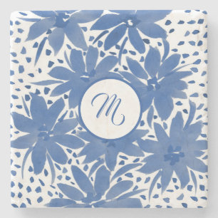 Porta-copo De Pedra Cor Azul Floral Elegante Monograma