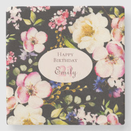 Porta-copo De Pedra Cor da Água Rosa e Rosas Amarelas em Preto, Aniver