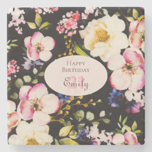 Porta-copo De Pedra Cor da Água Rosa e Rosas Amarelas em Preto, Aniver