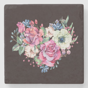 Porta-copo De Pedra Coração floral em aquarela: rosas vintage.