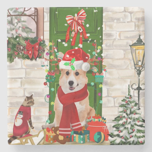 Porta-copo De Pedra corgi Dog Christmas (Frente)