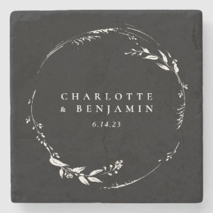 Porta-copo De Pedra Coroa Floral Monograma Personalizada Preto Branco