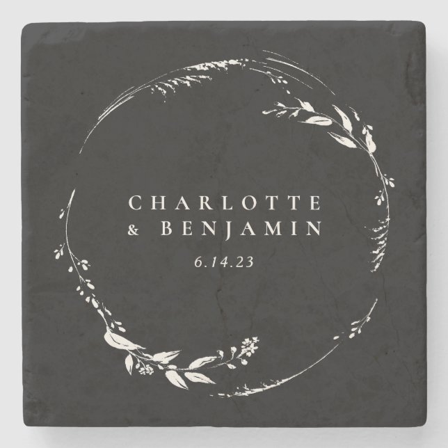 Porta-copo De Pedra Coroa Floral Preto Branco Personalizada com Monogr (Frente)