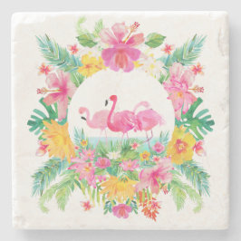 Porta-copo De Pedra Coroa Tropical Floral e Flamingos Rosa