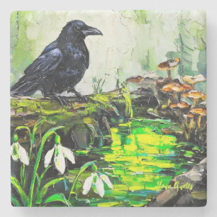 Porta-copo De Pedra Corvo Preto e Pintura a Óleo do Rio da Floresta Br