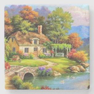 Porta-copo De Pedra Cottage de verão na água de arte fina