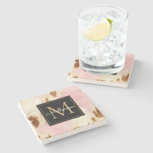 Porta-copo De Pedra CowGirl Pink Cream Brown Cowhide Dourado Monograma