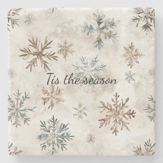Porta-copo De Pedra Cream Blue Brown Snowflakes Christmas (Frente)