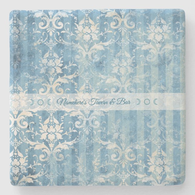 Porta-copo De Pedra Create Your Own Blue Teal Damask Stripes (Frente)