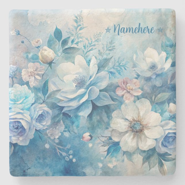 Porta-copo De Pedra Create Your Own Shabby Chic Blue & Purple Roses (Frente)
