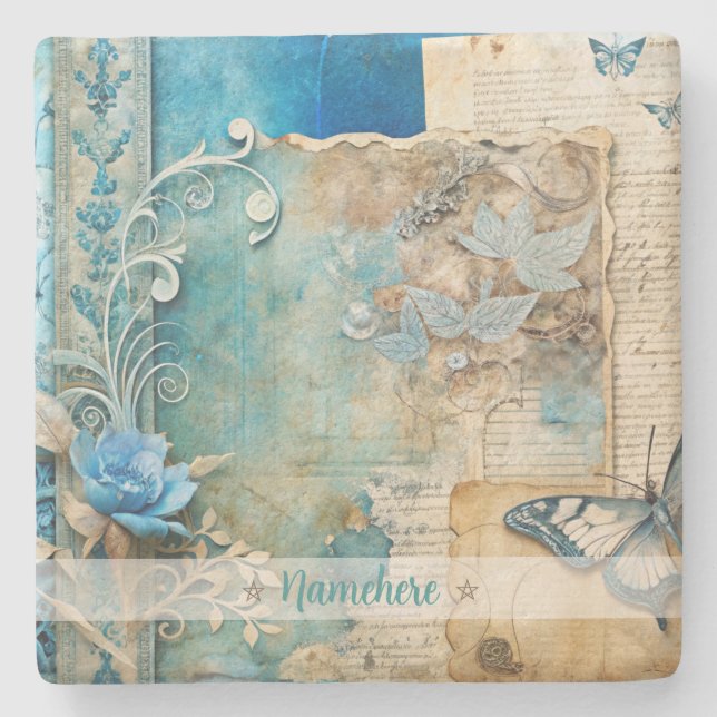 Porta-copo De Pedra Create Your Own Shabby Chic Blue Rose Butterfly (Frente)