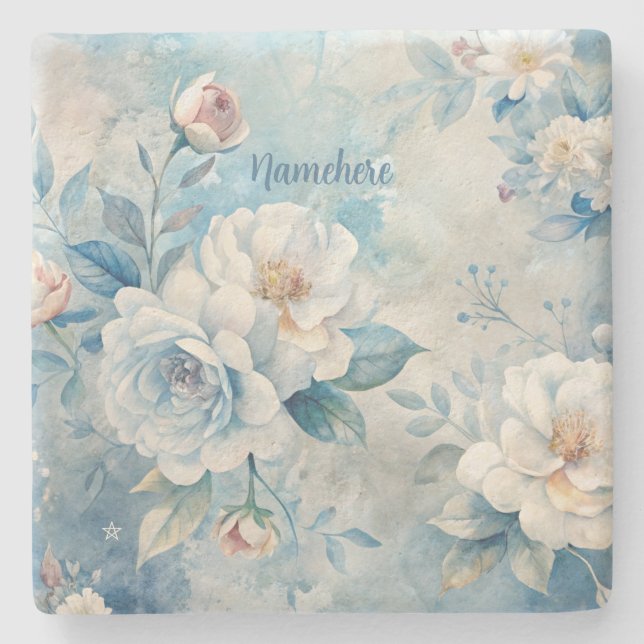 Porta-copo De Pedra Create Your Own Shabby Chic Misty White Roses (Frente)