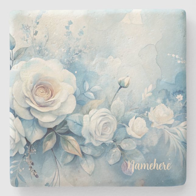 Porta-copo De Pedra Create Your Own Shabby Chic Misty White Roses (Frente)