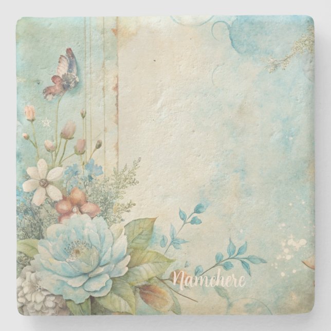 Porta-copo De Pedra Create Your Own Shabby Chic Romantic Blue Peony (Frente)