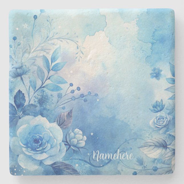 Porta-copo De Pedra Create Your Own Shabby Chic Romantic Blue Roses (Frente)