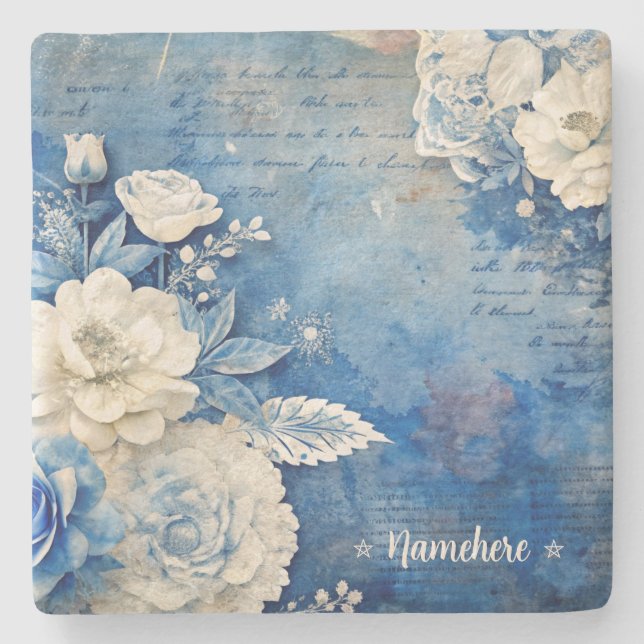 Porta-copo De Pedra Create Your Own Shabby Chic White Rose Blue (Frente)