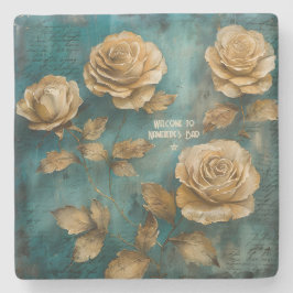Porta-copo De Pedra Create Your Own Teal & Gold Roses Floral