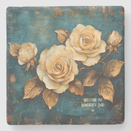 Porta-copo De Pedra Create Your Own Teal & Gold Roses Love Letter