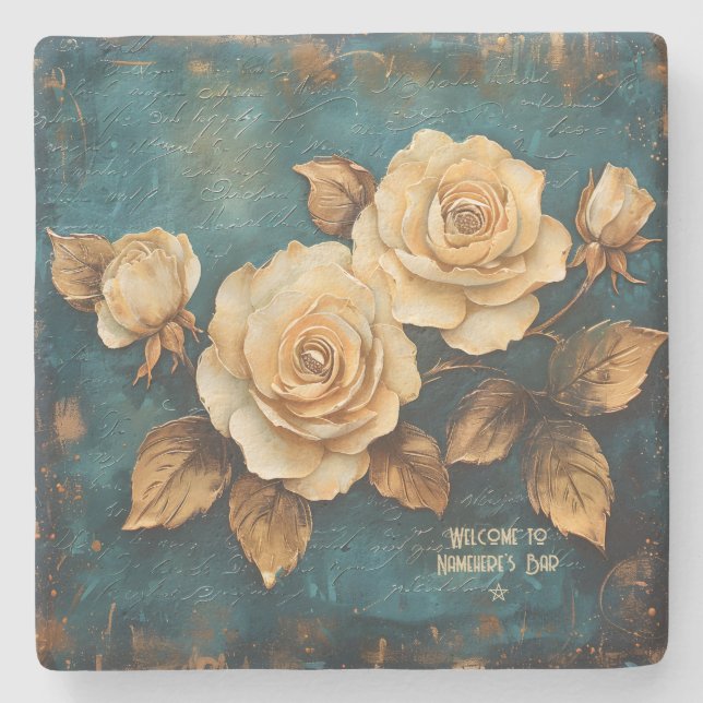 Porta-copo De Pedra Create Your Own Teal & Gold Roses Love Letter (Frente)