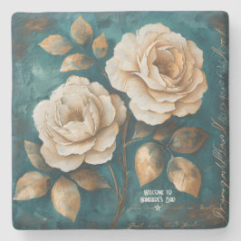 Porta-copo De Pedra Create Your Own Teal & Golden Peach Roses Floral
