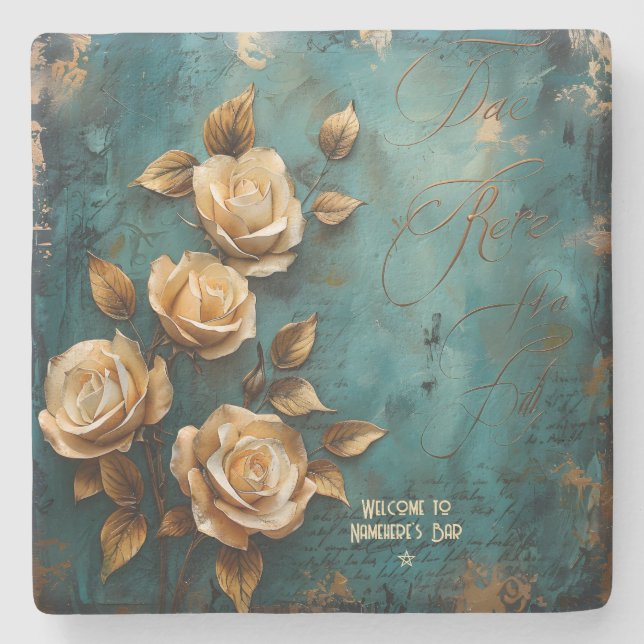 Porta-copo De Pedra Create Your Own Teal & Golden Peach Roses Floral (Frente)