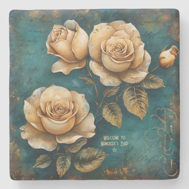 Porta-copo De Pedra Create Your Own Teal & Golden Yellow Roses Floral (Frente)
