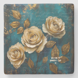 Porta-copo De Pedra Create Your Own Turquoise Blue Gold Roses Floral