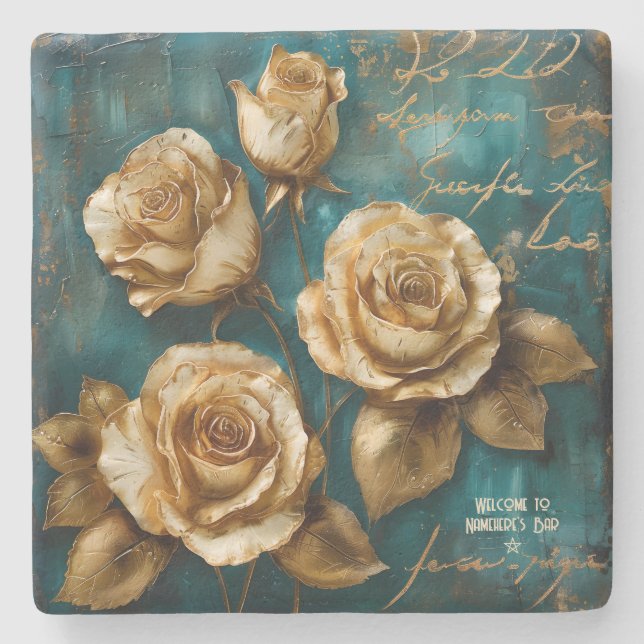 Porta-copo De Pedra Create Your Own Turquoise Gold Roses Spray Floral (Frente)