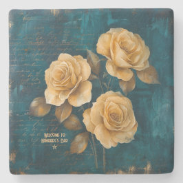 Porta-copo De Pedra Create Your Own Turquoise Golden Yellow Rose Spray