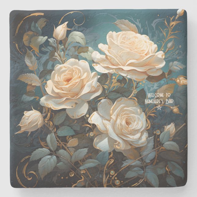 Porta-copo De Pedra Create Your Own Turquoise Pale Peach Roses Floral (Frente)