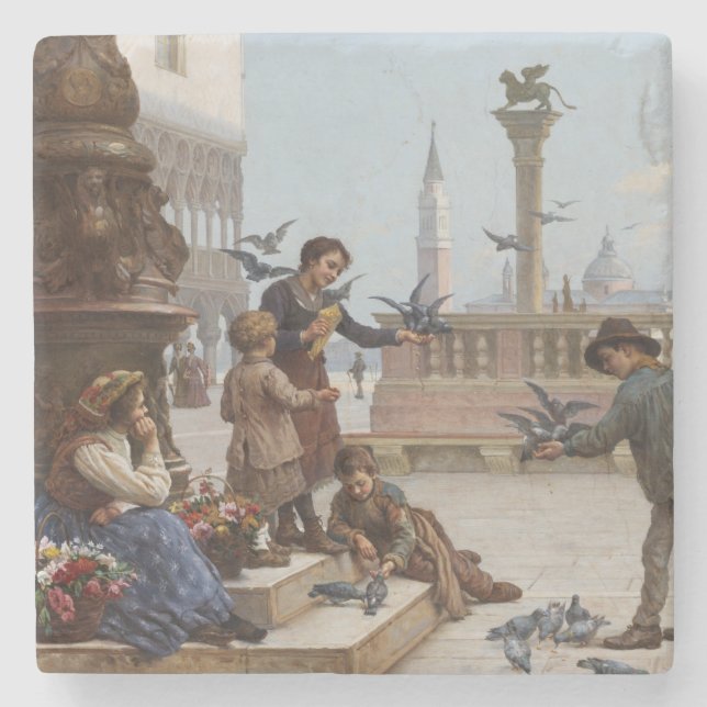 Porta-copo De Pedra Crianças alimentando pombos em Veneza (por Paolett (Frente)