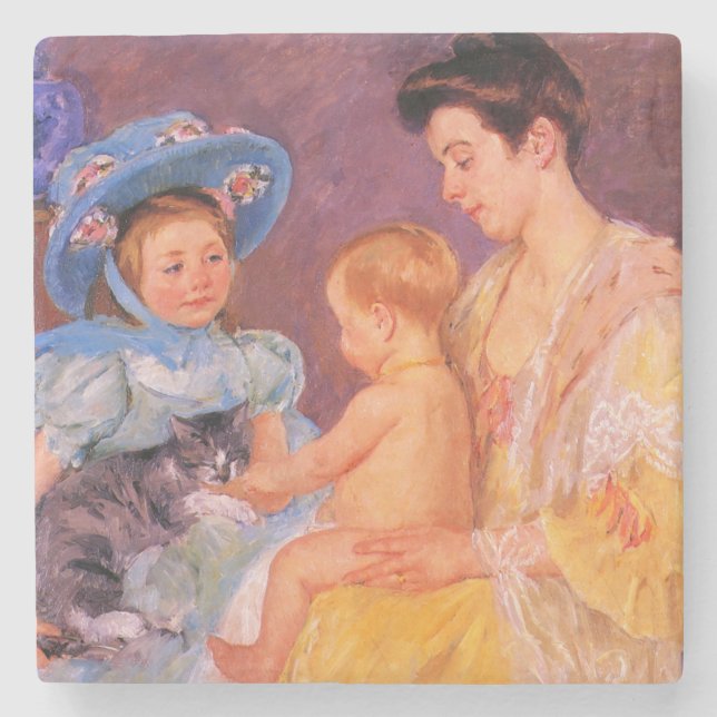 Porta-copo De Pedra Crianças brincando com um gato (por Mary Cassatt) (Frente)