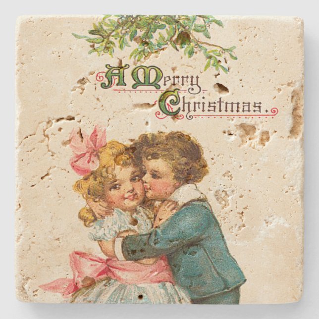 Porta-copo De Pedra Crianças sob o Mistletodo Natal (Frente)