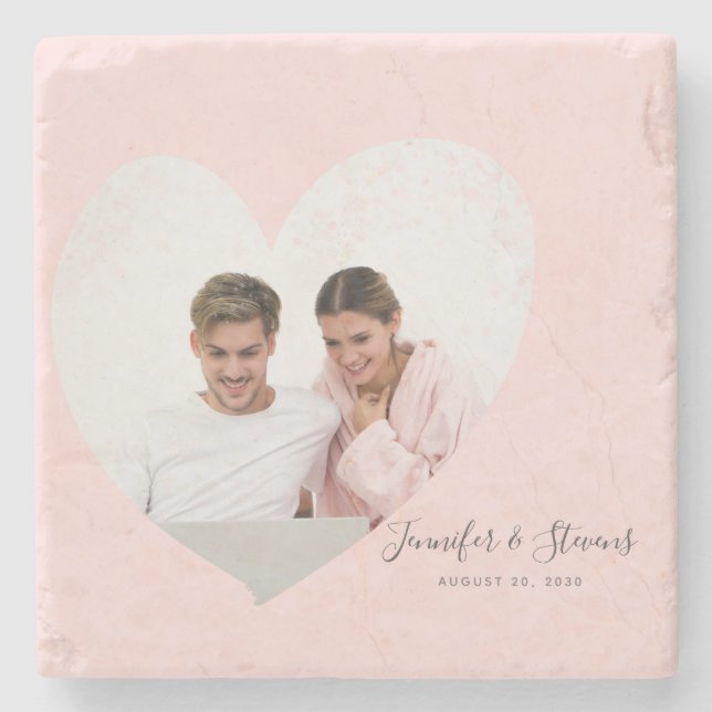 Porta-copo De Pedra Custom Couple Photo Heart Blush Pink (Frente)