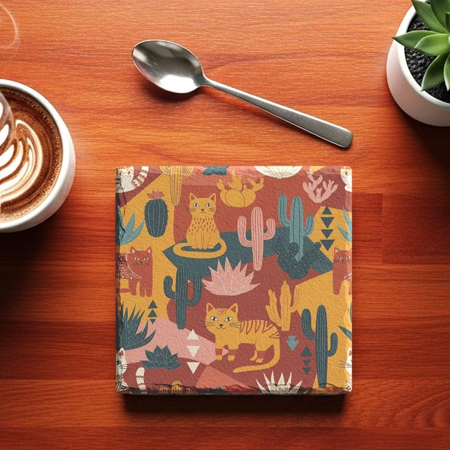 Porta-copo De Pedra Cute Boho Desert Cats Cactus Succulent Pattern (Criador carregado)