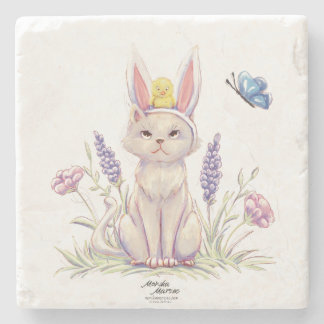 Porta-copo De Pedra Cute Easter Cat with Chick Illustration