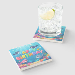 Porta-copo De Pedra Cute Happy Birthday nautical dolphin