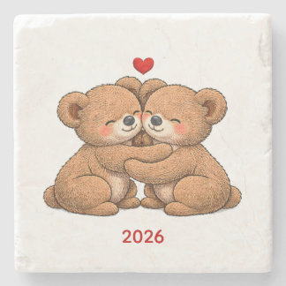Porta-copo De Pedra Cute Teddy Bear Couple in Love – Embroidered Style