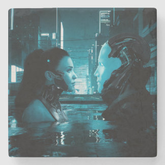 Porta-copo De Pedra Cyberpunk Girl E O Android