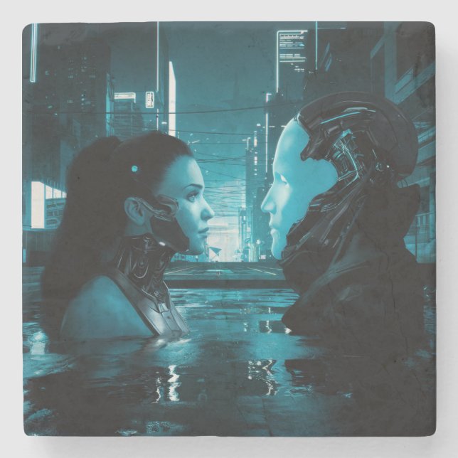Porta-copo De Pedra Cyberpunk Girl E O Android (Frente)