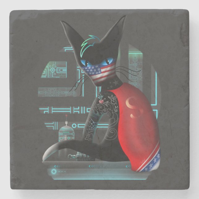 Porta-copo De Pedra Cyberpunk Ninja Black Cat (Frente)